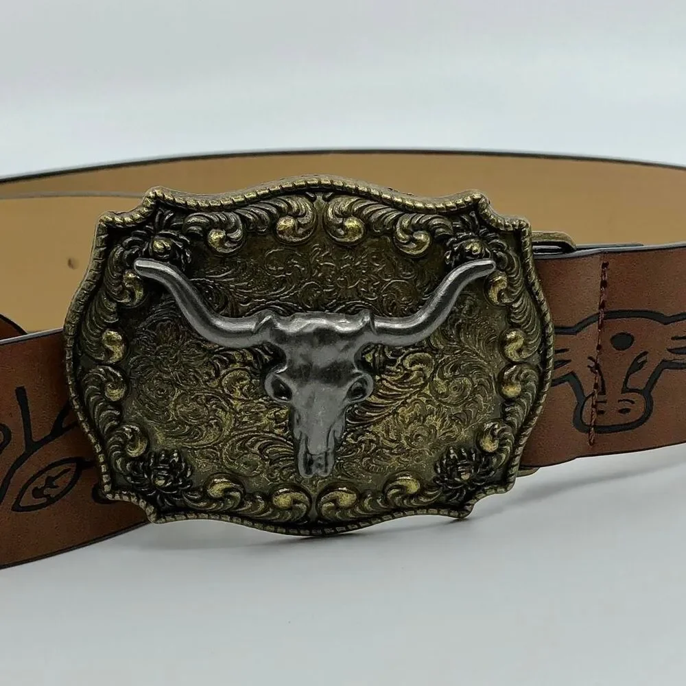Women's Western Brown Belt w/ Big Longhorn Buckle, 31.5–40.5 Inches, X7G9A796